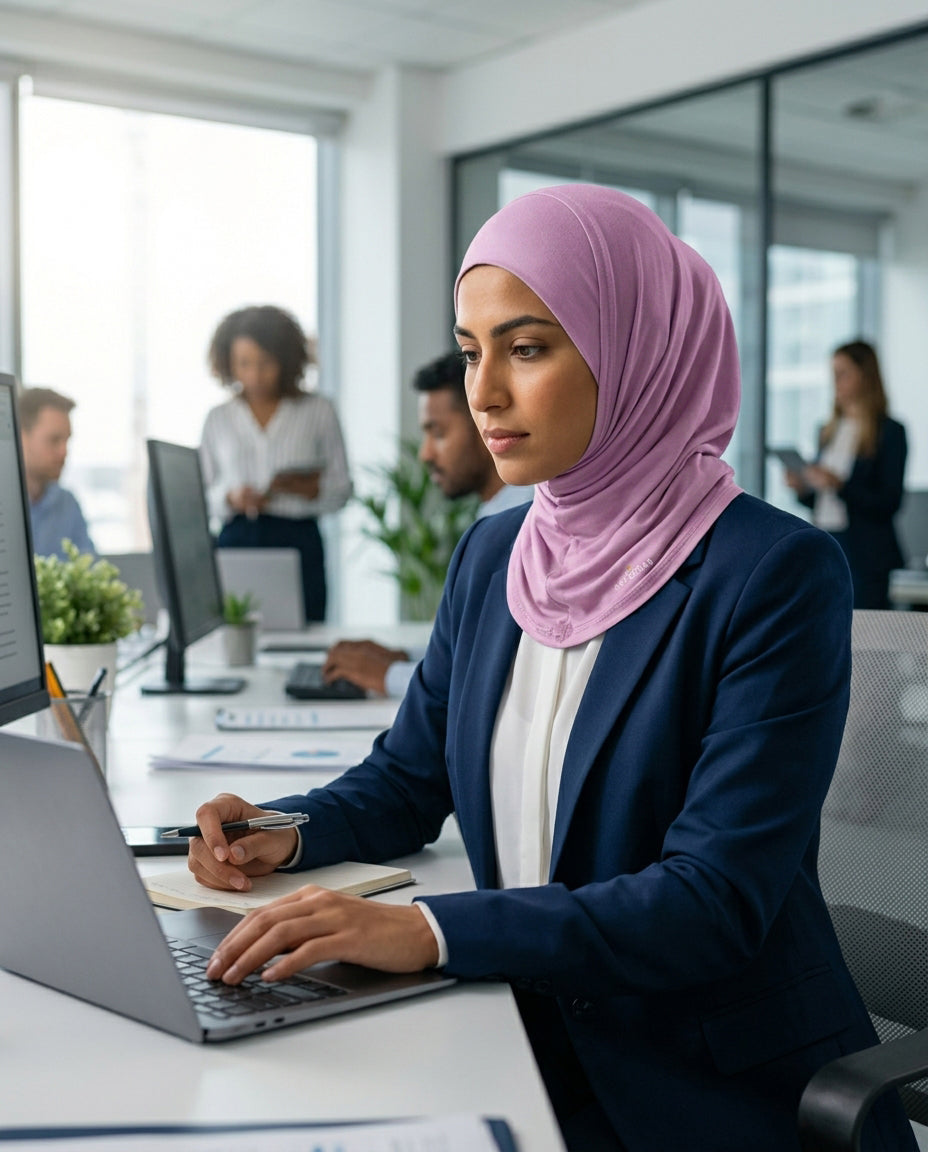 Woman wearing a pink hijab working on a laptop in an office setting.
