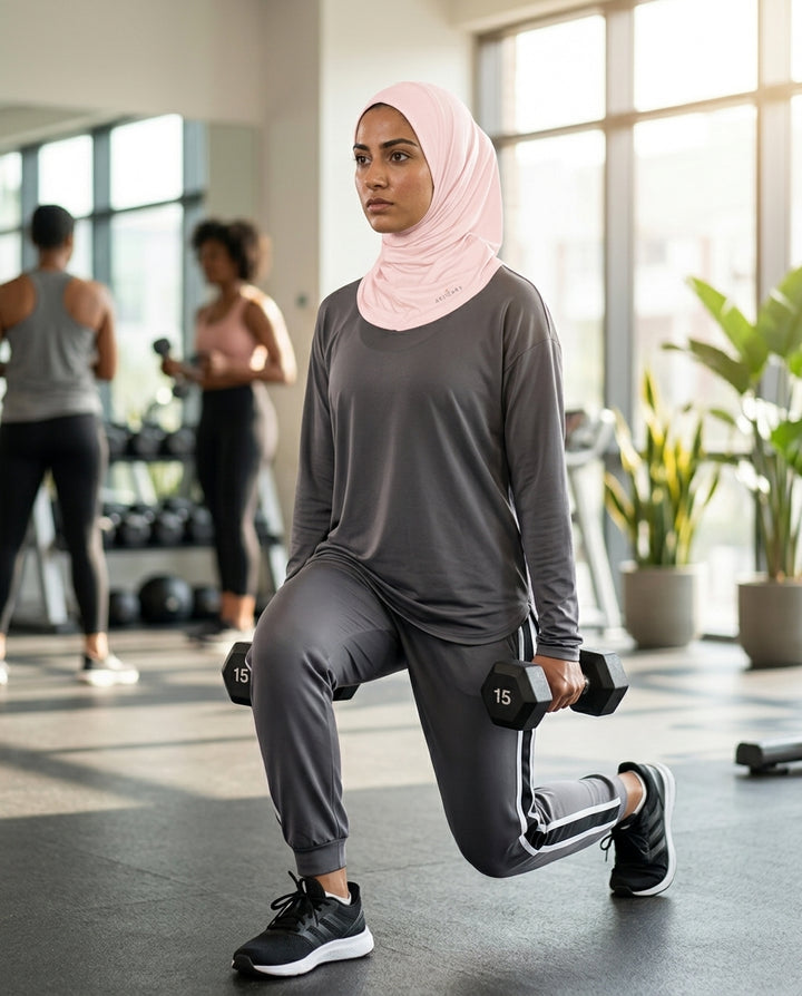 Woman exercising with dumbbells in a gym setting
