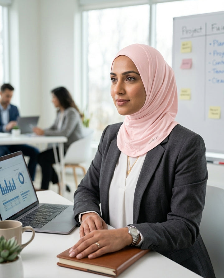 Woman in a hijab sitting at a desk with a laptop and notebook, in an office setting.