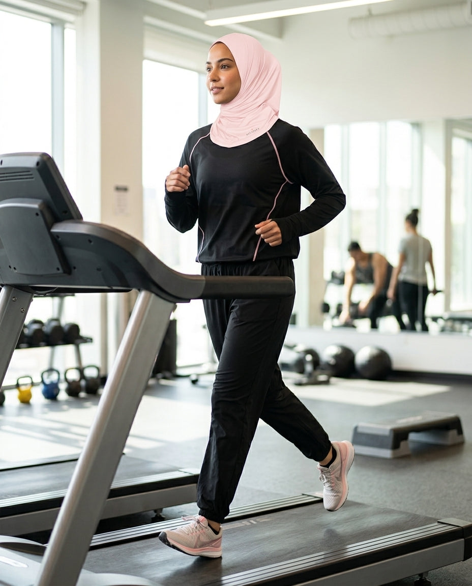 Woman wearing a pink hijab and black athletic wear on a treadmill in a gym.
