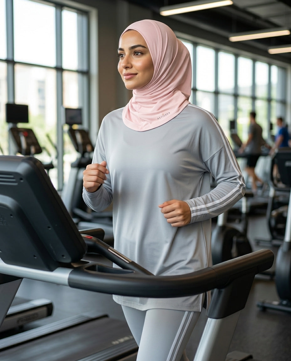 Woman wearing a pink hijab and gray athletic wear on a treadmill in a gym.