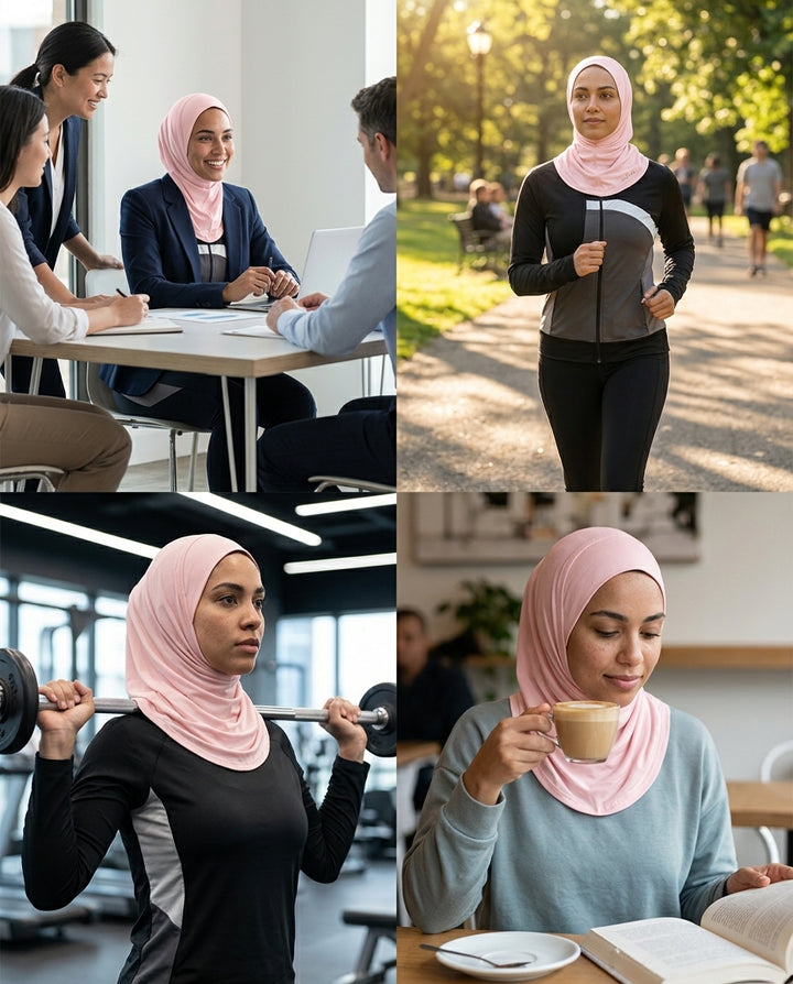 Collage of a woman wearing a pink hijab in various settings including a meeting, running, exercising, and reading.