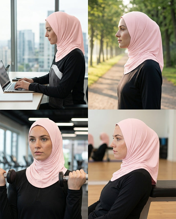 Woman wearing a pink hijab in various settings including indoors and outdoors.