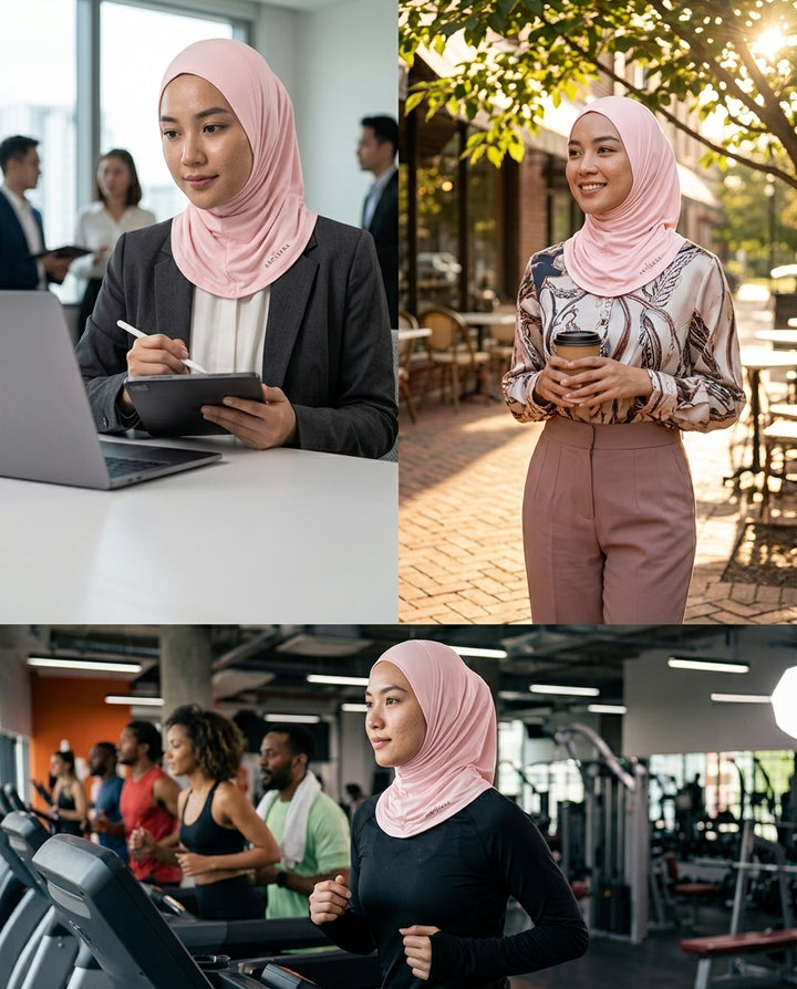 Woman in a pink hijab in various settings: at a desk, outdoors, and in a gym.