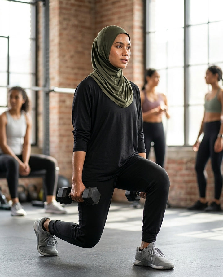 Woman exercising with dumbbells in a gym setting
