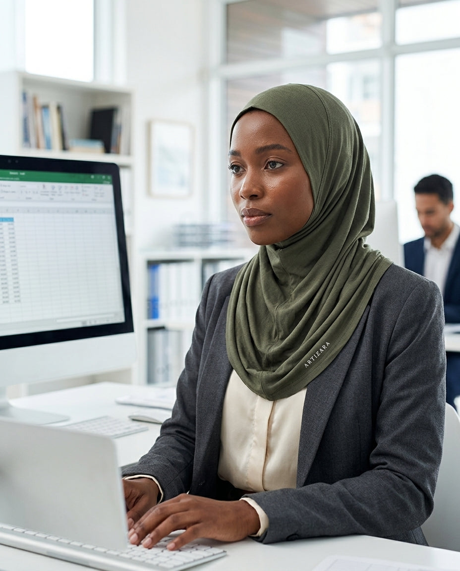 Woman wearing a hijab working at a computer in an office setting