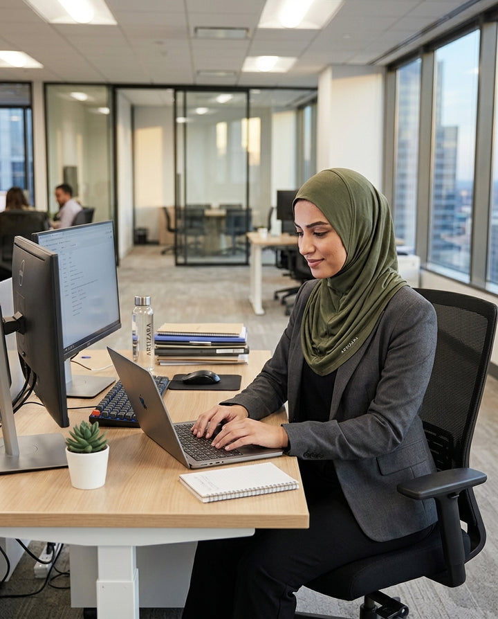 Woman working at a desk in an office setting