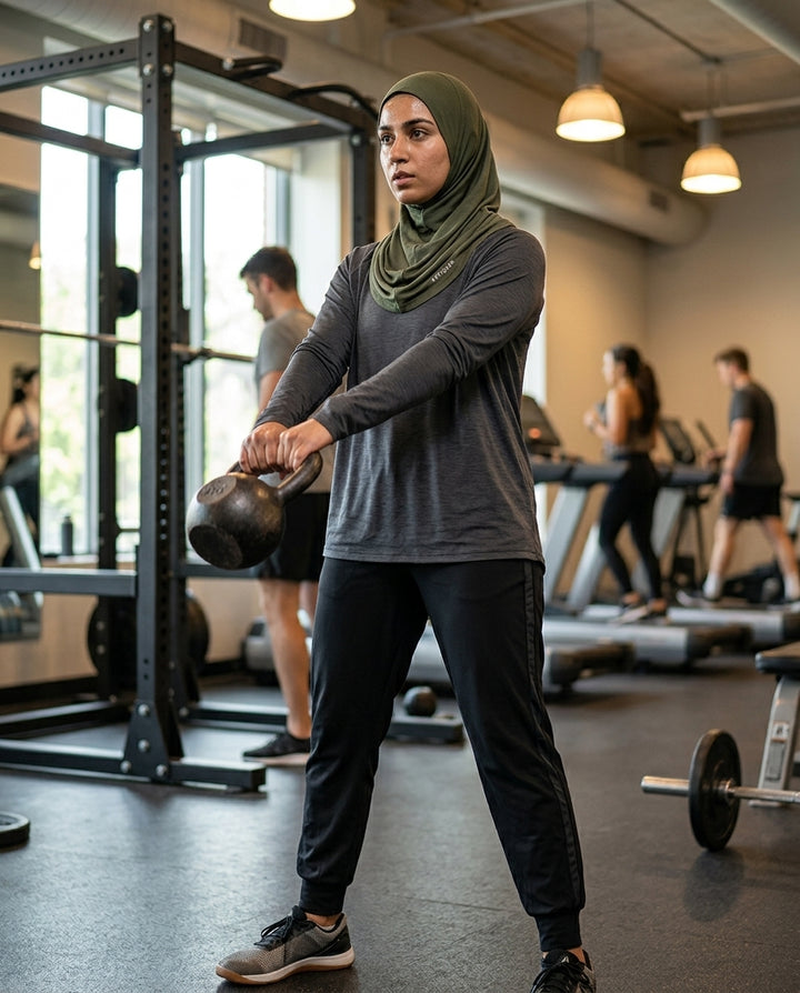 Woman lifting a kettlebell in a gym setting with other people exercising in the background.