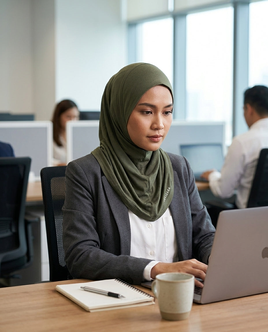 Woman wearing a hijab working on a laptop at a desk in an office setting.