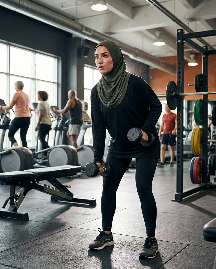 Woman exercising with dumbbells in a gym setting