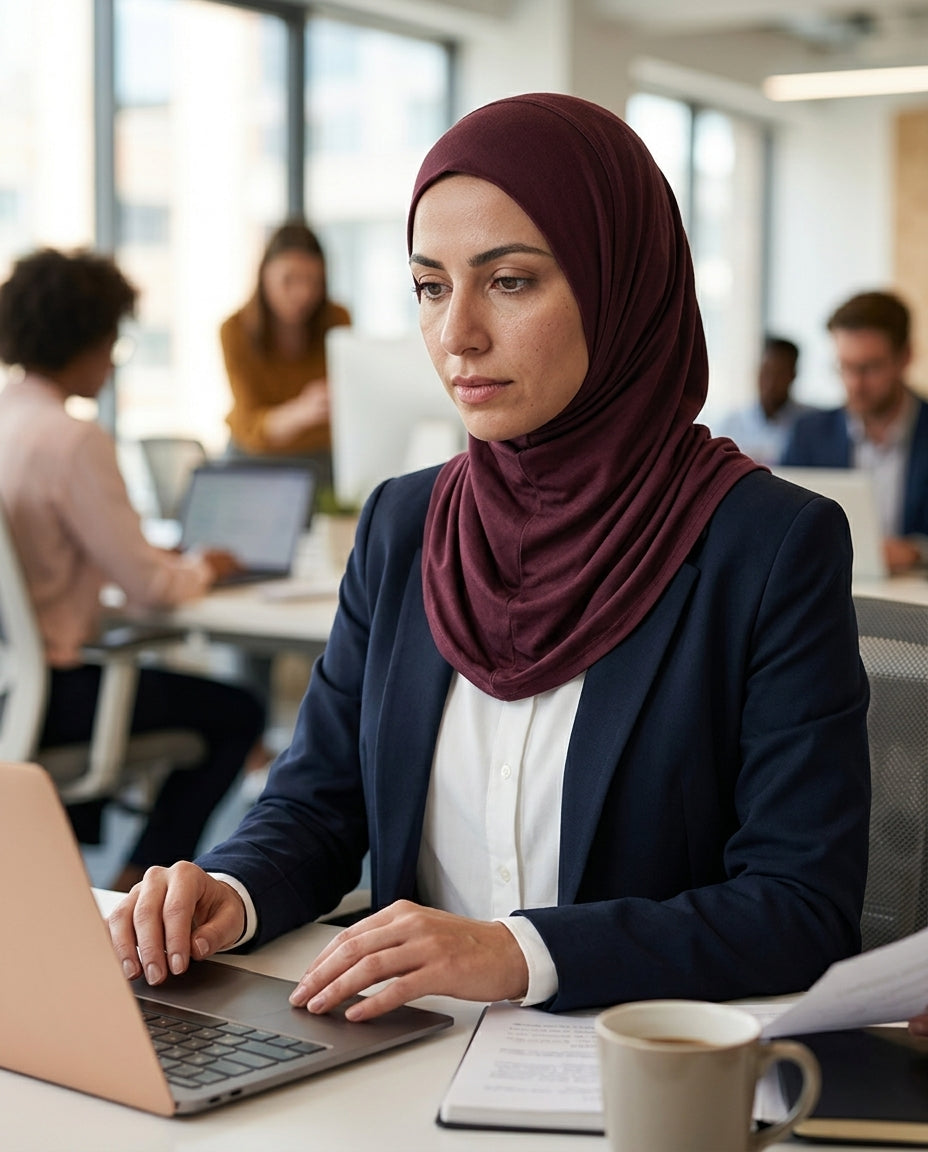 Woman wearing a hijab working on a laptop in an office setting
