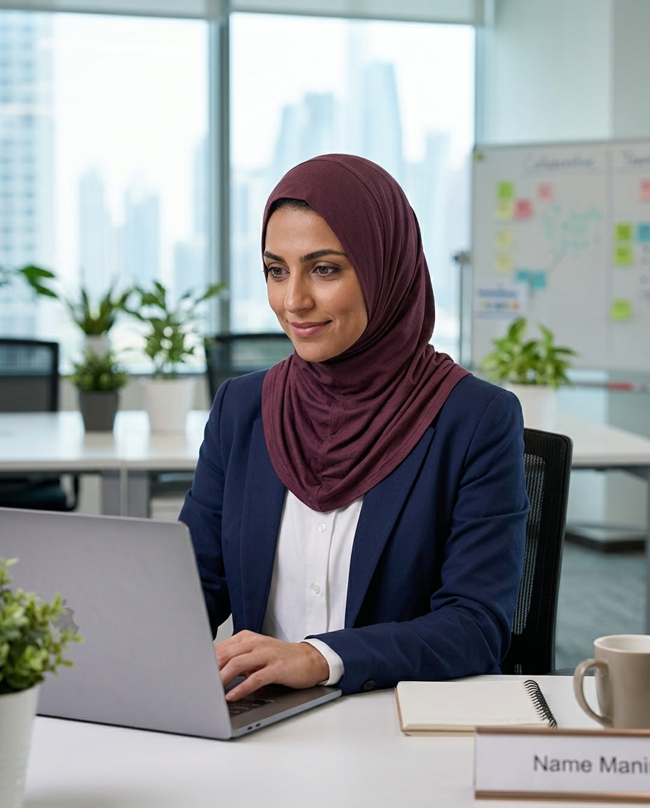 Woman wearing a hijab working on a laptop in an office setting