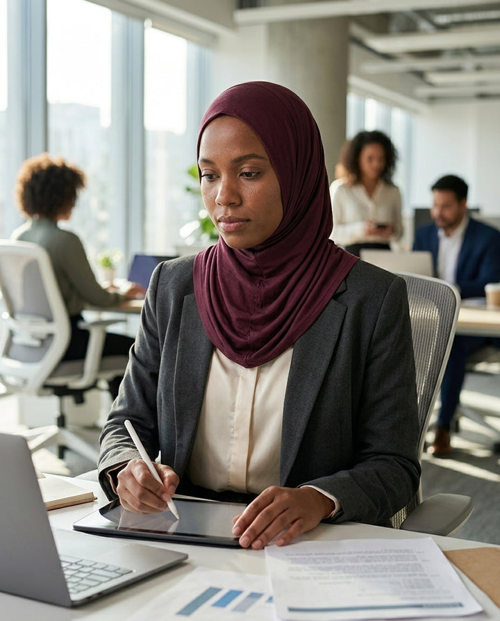 Woman in a hijab working at a desk in an office setting