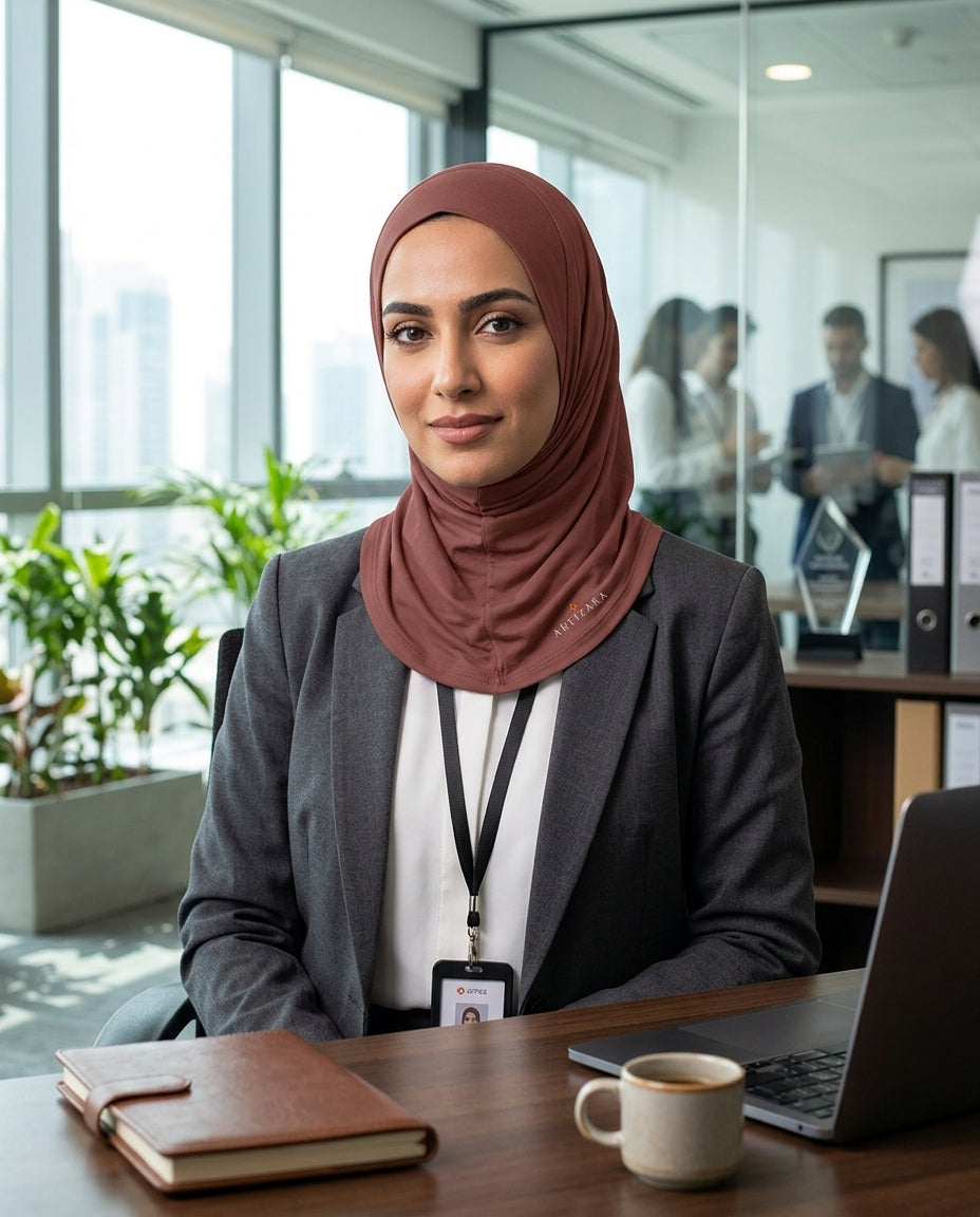 Woman in hijab sitting at a desk in an office with colleagues in the background