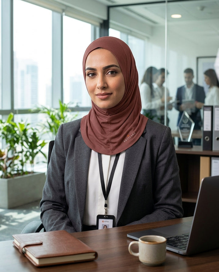 Woman in hijab sitting at a desk in an office with colleagues in the background