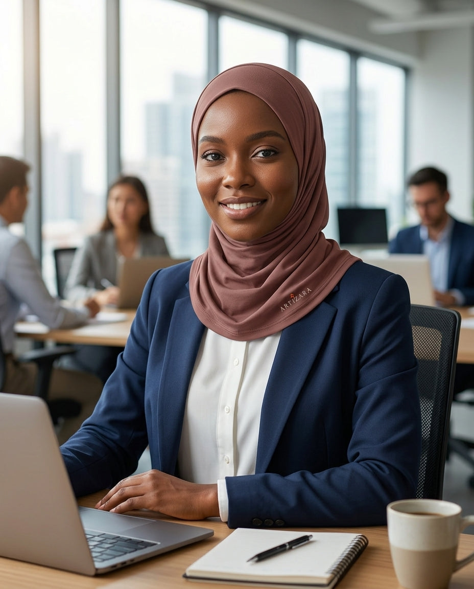 Woman wearing a hijab sitting at a desk with a laptop in an office setting