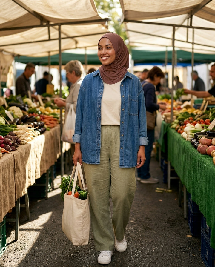 Woman shopping at an outdoor farmers market holding a reusable bag.