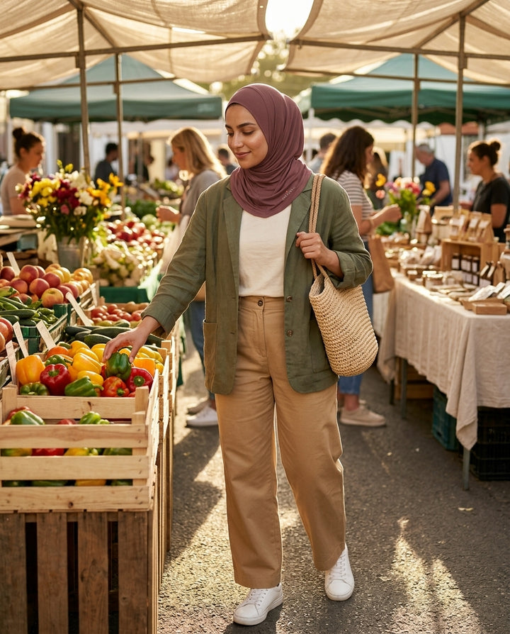 Woman shopping at an outdoor market with produce and people in the background