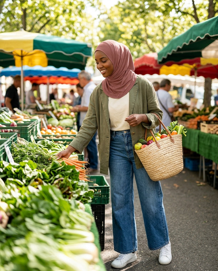 Woman shopping at an outdoor farmers market with a basket of produce.