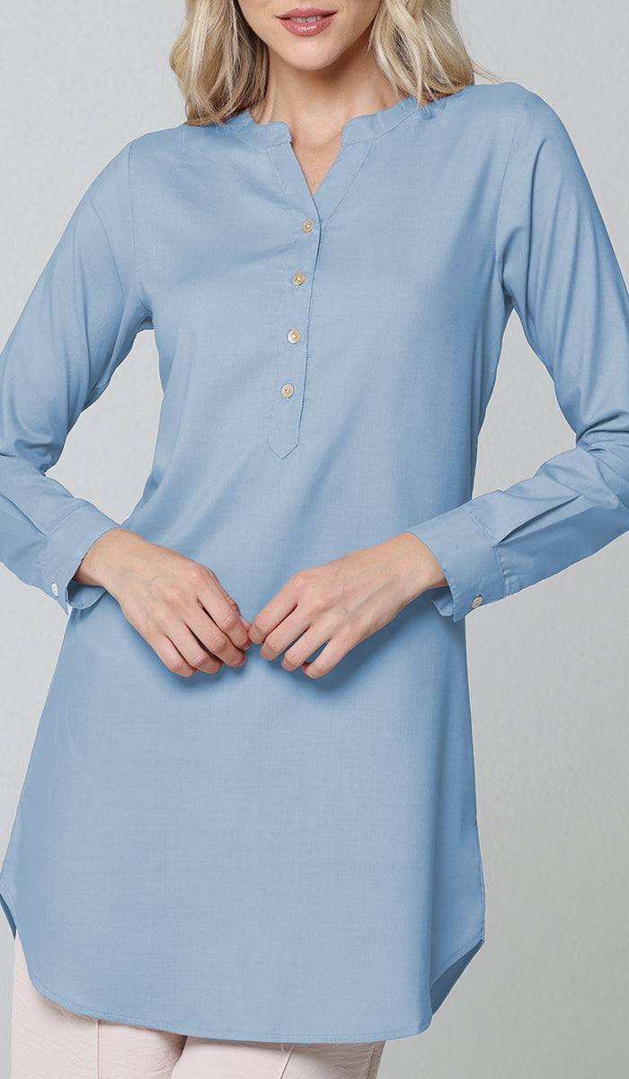 Parisa Mostly Cotton Long Modest Everyday Tunic - French Blue
