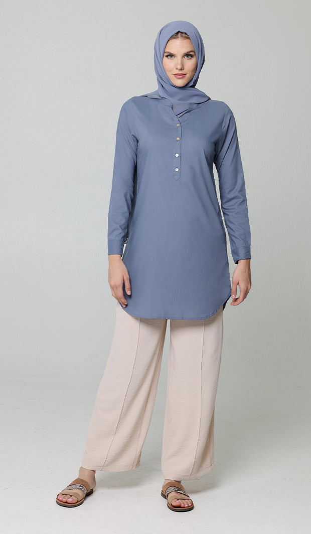 Parisa Long Mostly Cotton Everyday Tunic - Denim Blue