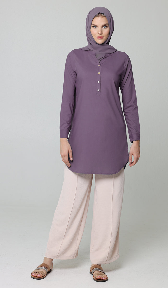 Parisa Mostly Cotton Long Modest Everyday Tunic - Dusty Violet