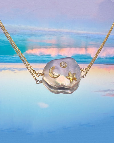 Collier croissant et étoile en argent sterling plaqué or et perles baroques blanches