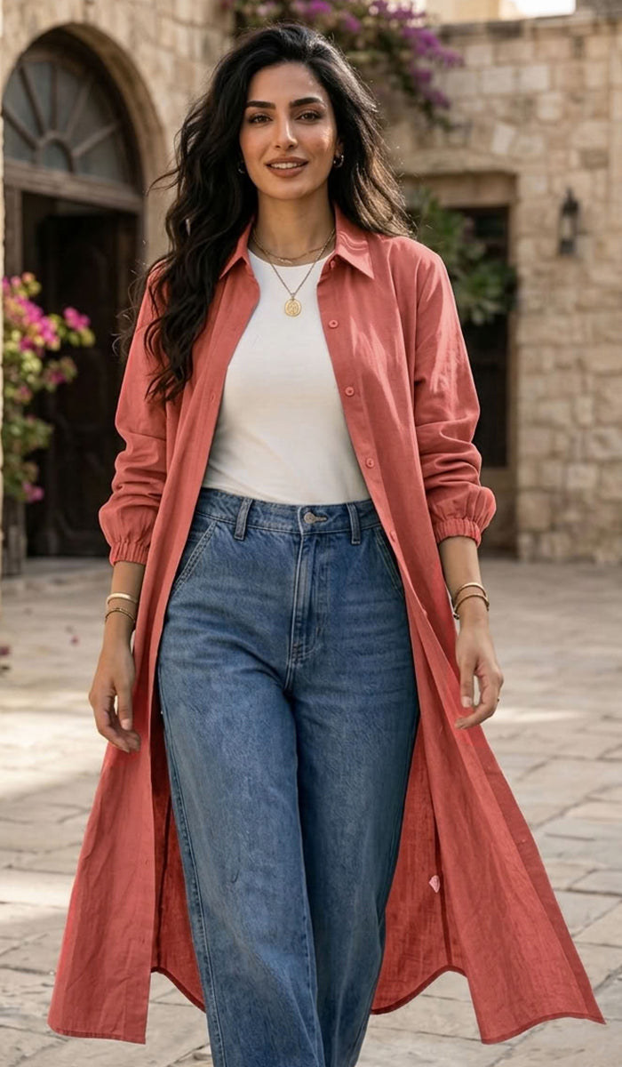Farda - Veste chemise longue fluide boutonnée - Marine
