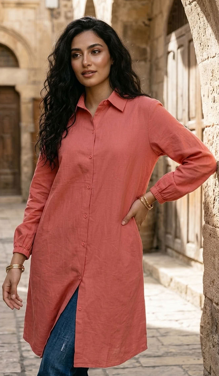 Farda - Veste chemise longue fluide boutonnée - Marine