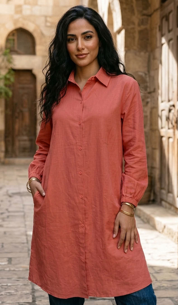 Farda - Veste chemise longue fluide boutonnée - Marine