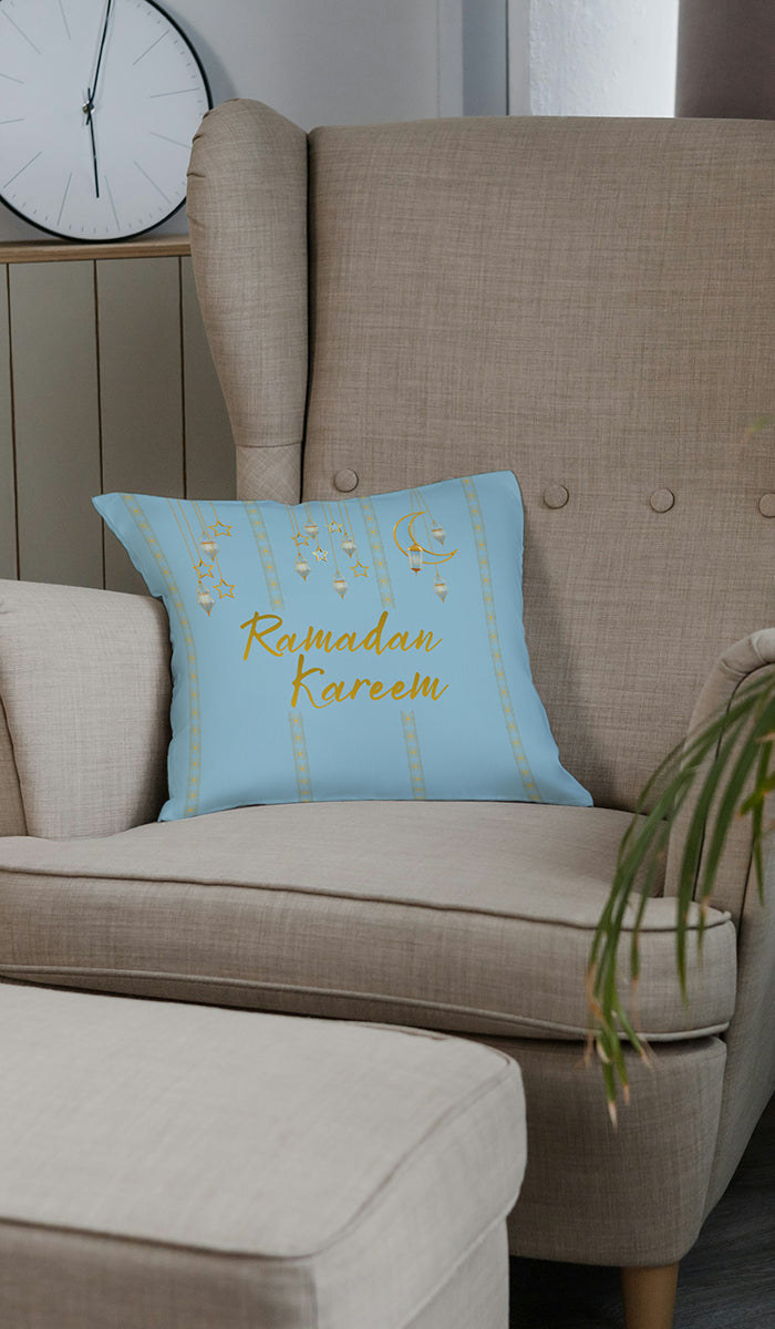 Ramadan Kareem/ Eid Mubarak Reversible Pillow - Blue and Gold Lanterns