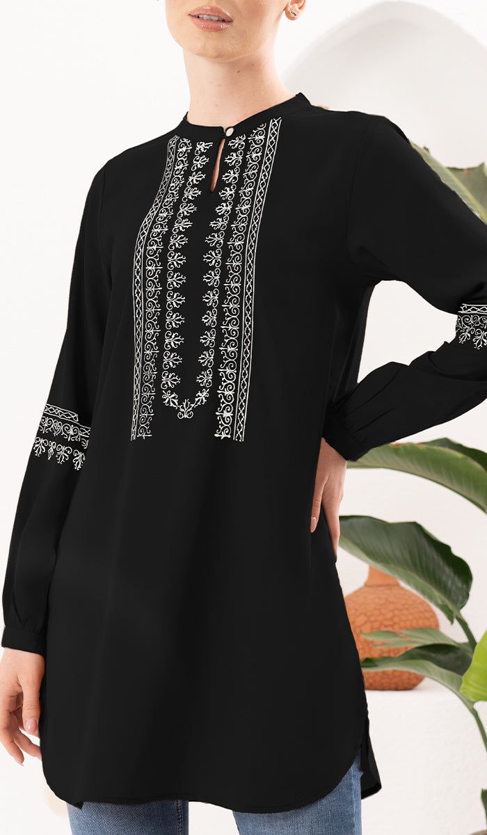 Modesty Tunic Stylish Razia Black and White Embroidered Modest Tunic | Muslim ...