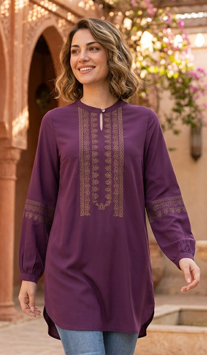 Tunique Longue Modeste Brodée Razia - Prune