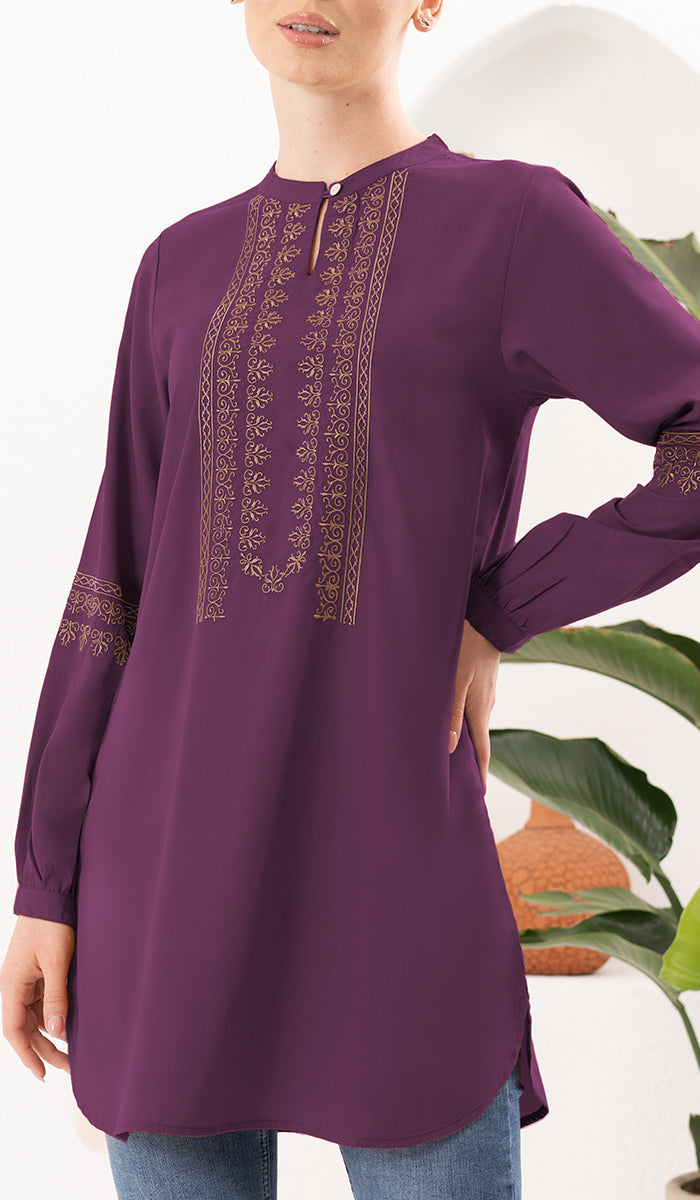 Tunique Longue Modeste Brodée Razia - Prune
