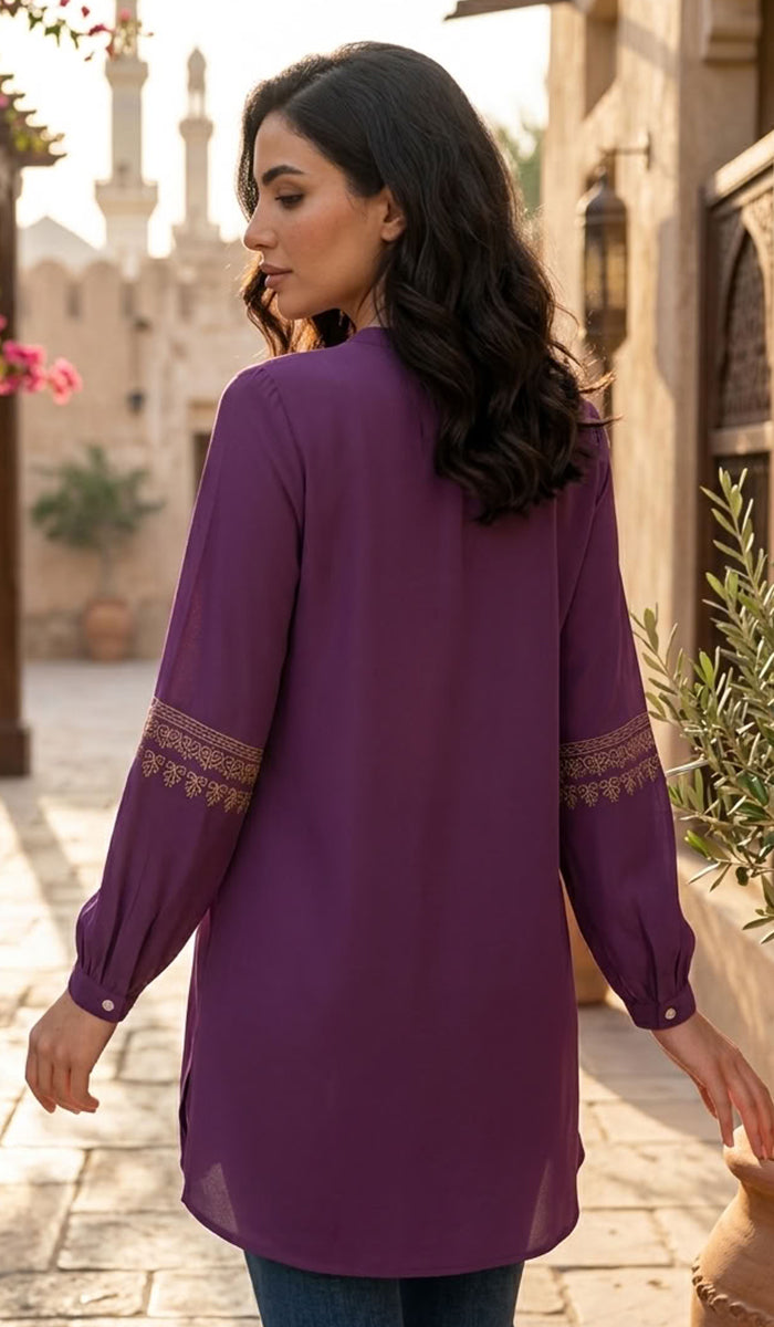 Tunique Longue Modeste Brodée Razia - Prune
