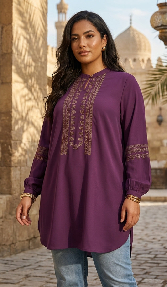 Tunique Longue Modeste Brodée Razia - Prune