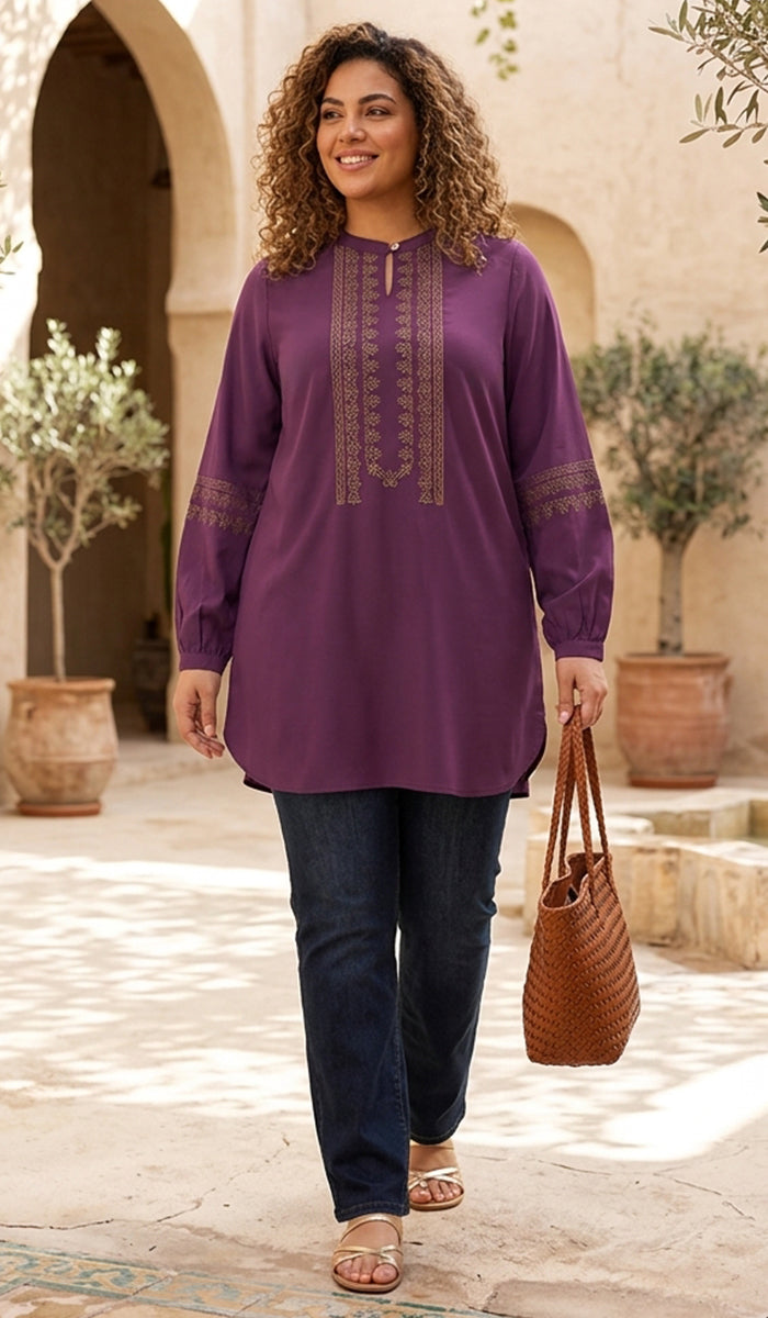 Tunique Longue Modeste Brodée Razia - Prune