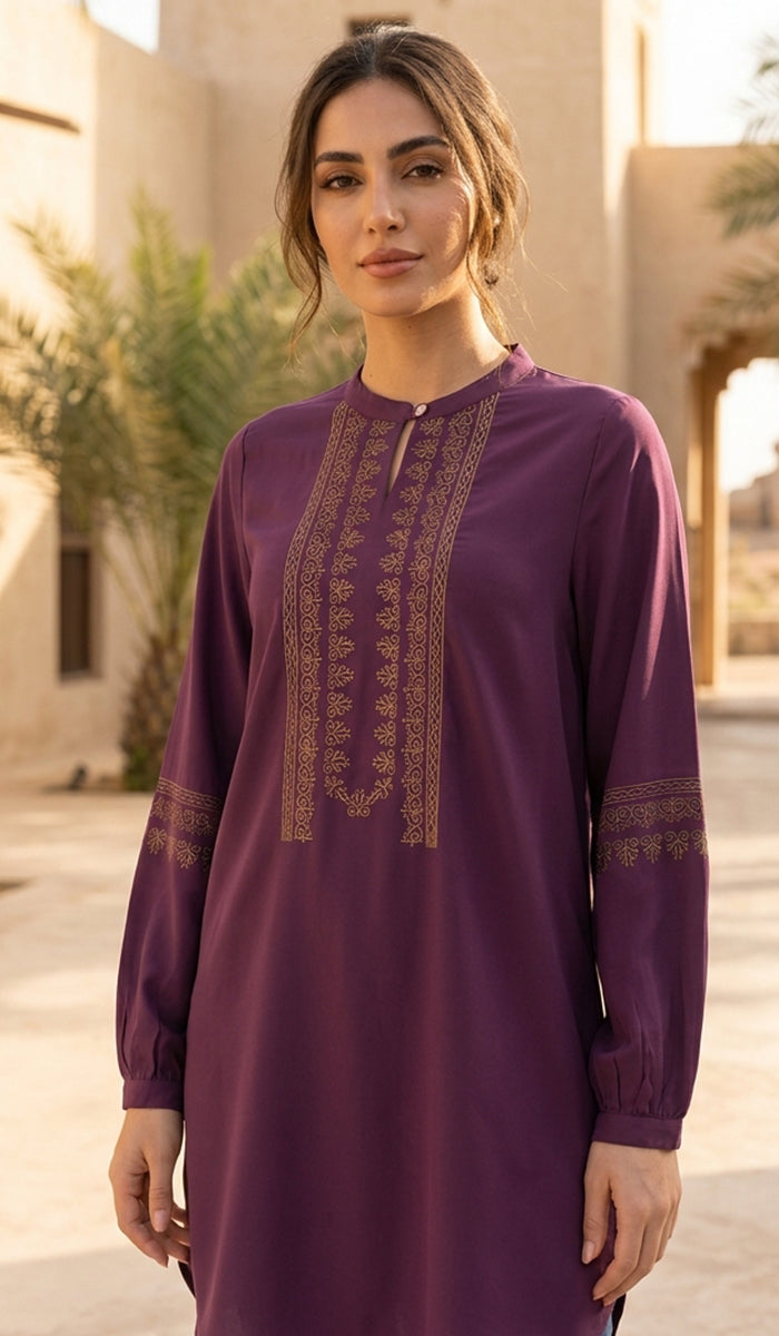 Tunique Longue Modeste Brodée Razia - Prune
