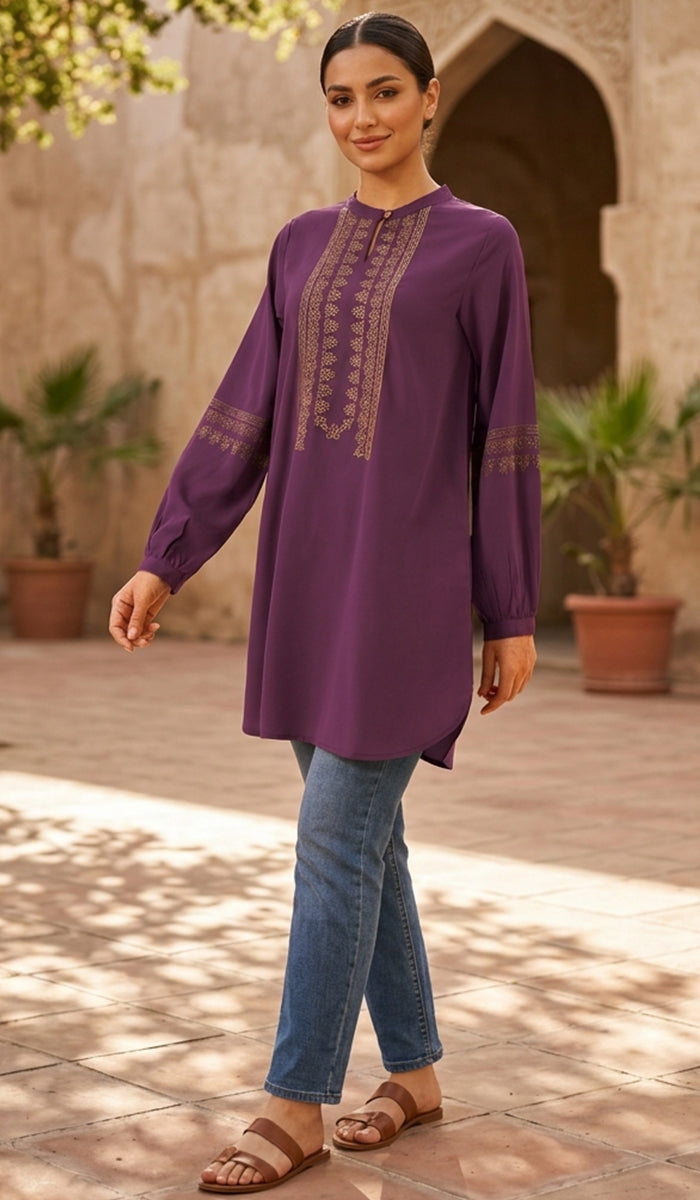 Tunique Longue Modeste Brodée Razia - Prune