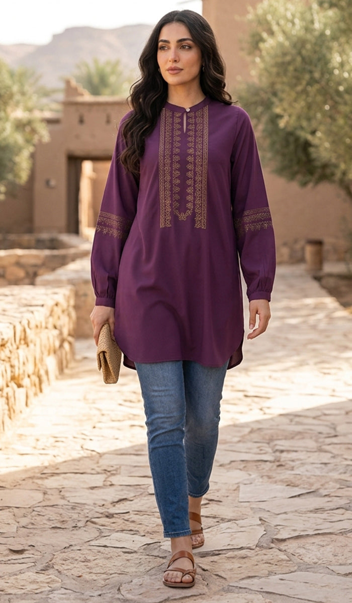 Tunique Longue Modeste Brodée Razia - Prune