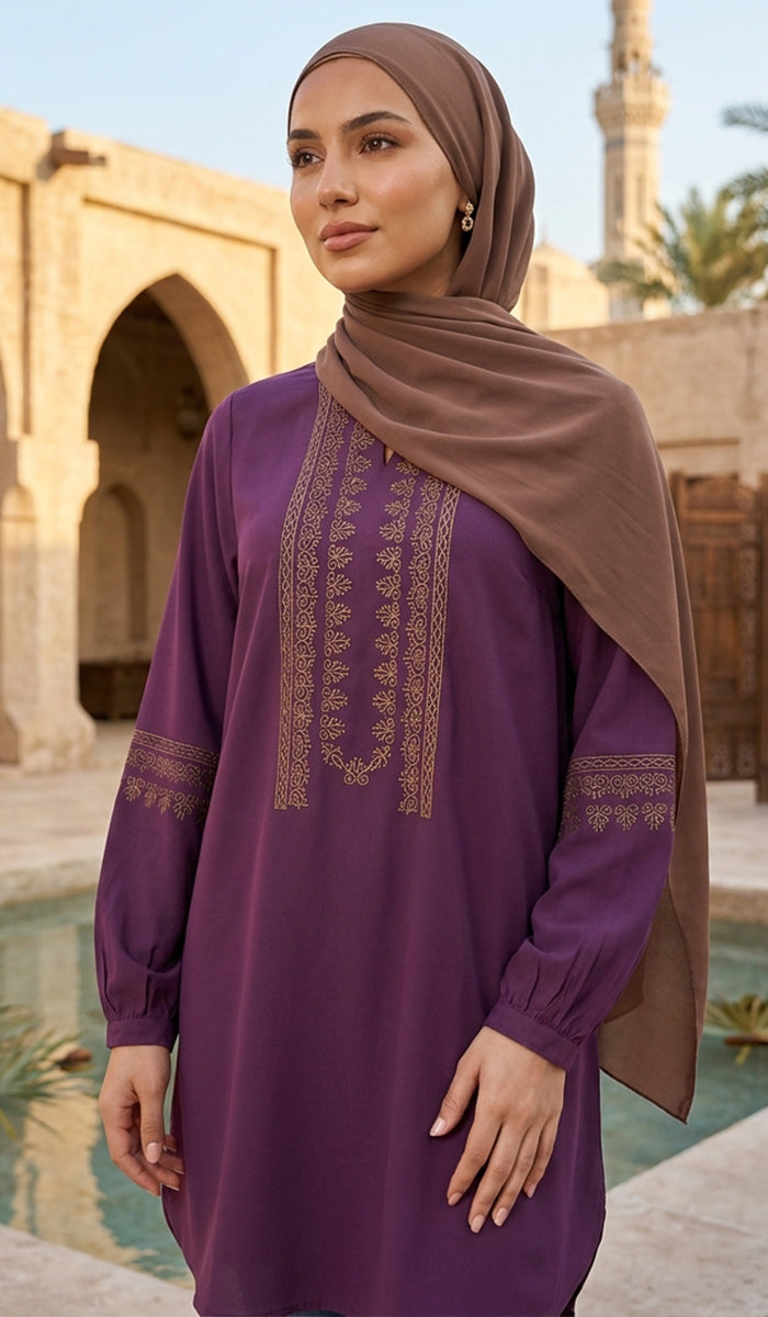Tunique Longue Modeste Brodée Razia - Prune