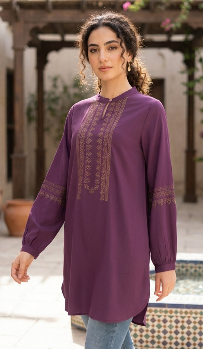 Tunique Longue Modeste Brodée Razia - Prune