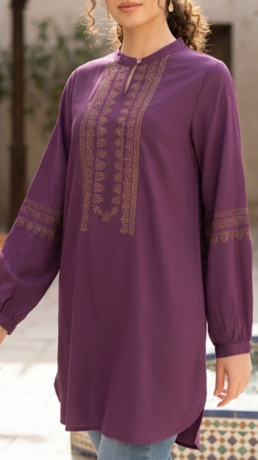 Tunique Longue Modeste Brodée Razia - Prune