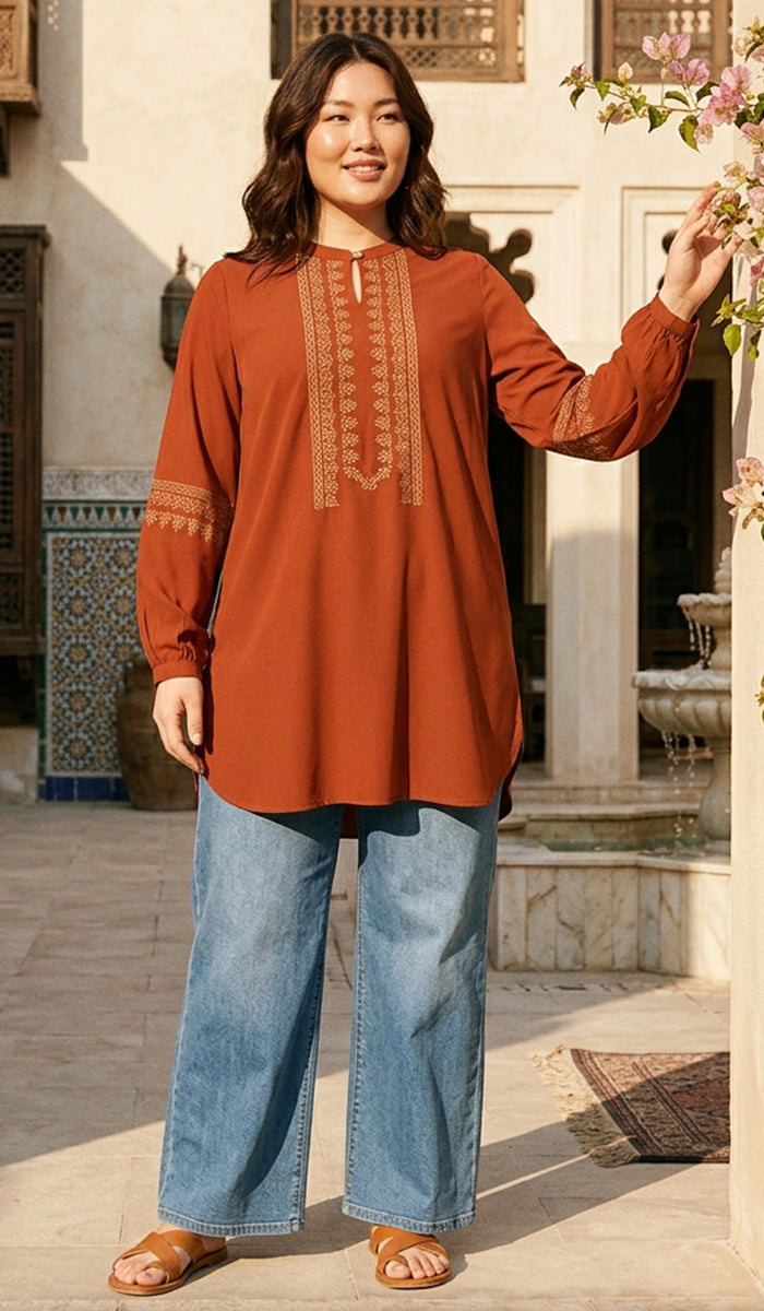 Tunique Longue Modeste Brodée Razia - Safran