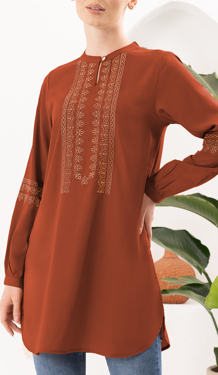 Tunique Longue Modeste Brodée Razia - Safran