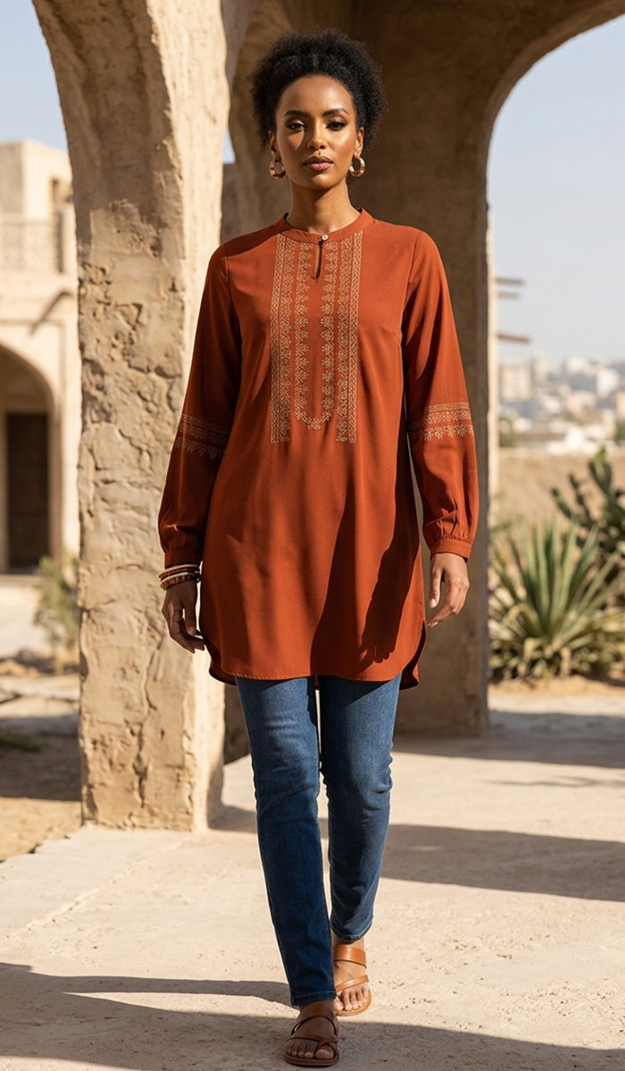Tunique Longue Modeste Brodée Razia - Safran
