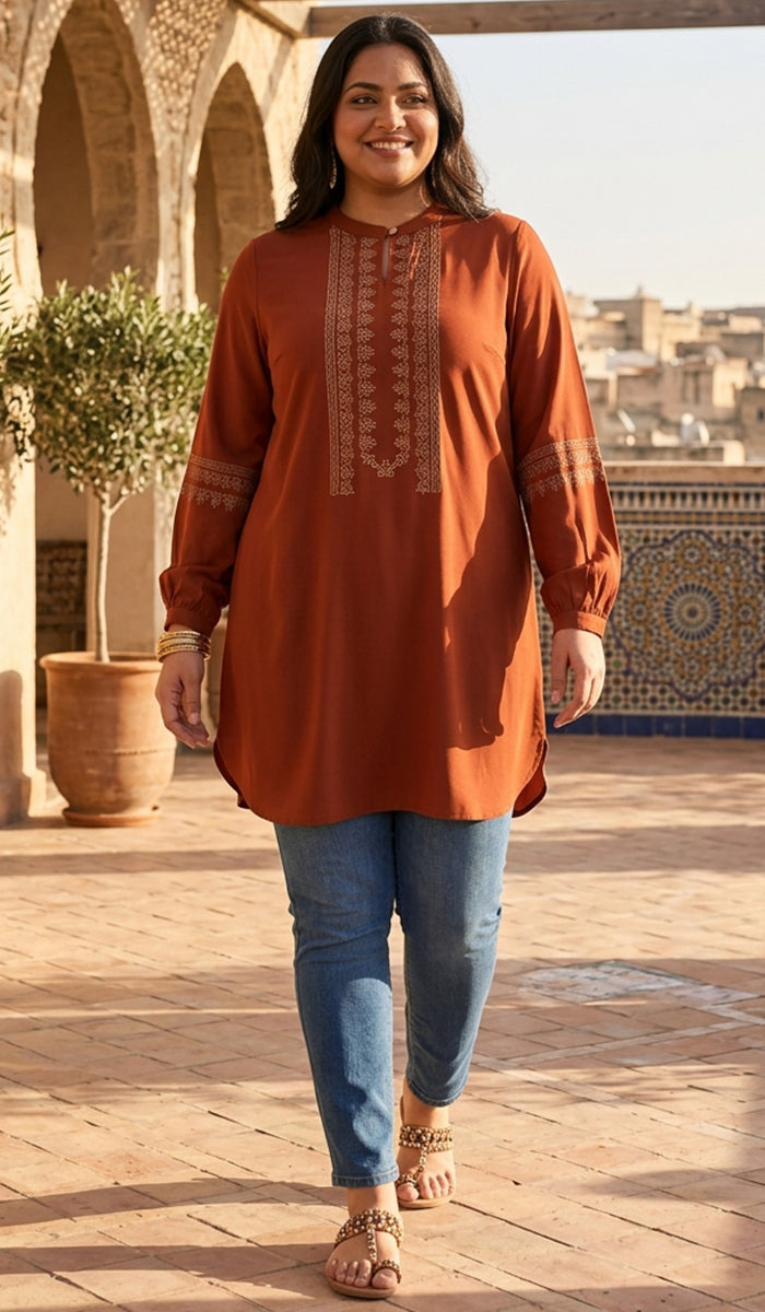 Tunique Longue Modeste Brodée Razia - Safran