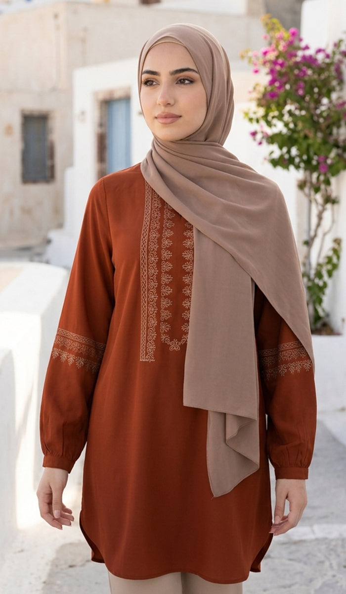 Tunique Longue Modeste Brodée Razia - Safran
