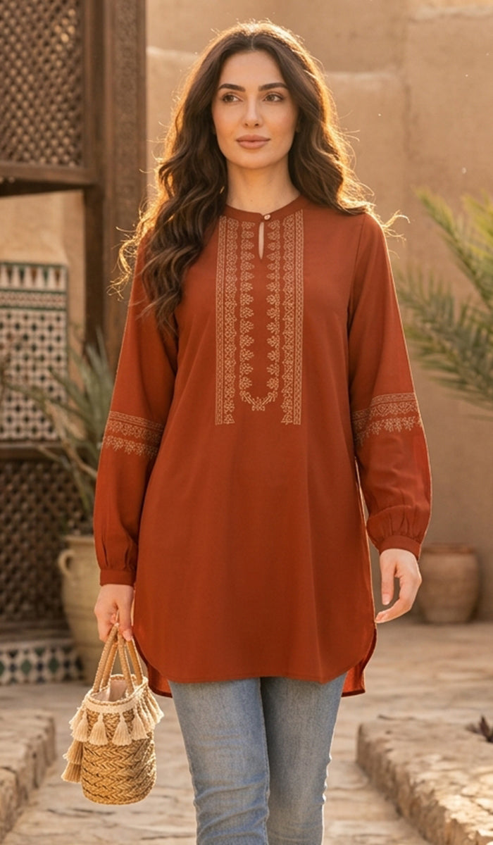 Tunique Longue Modeste Brodée Razia - Safran