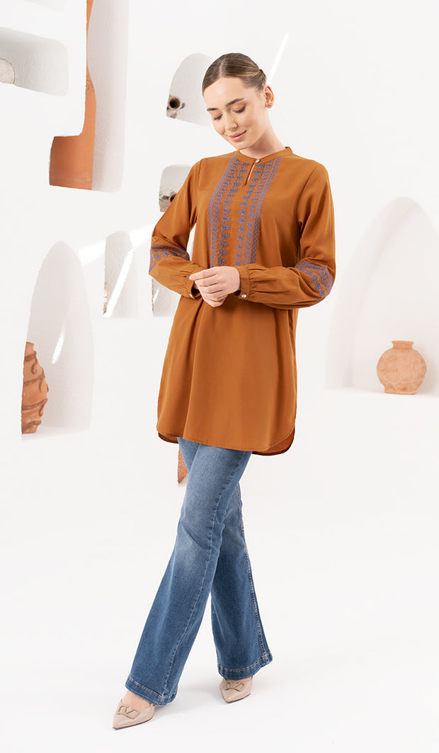 Razia Embroidered Long Modest Tunic - Saffron